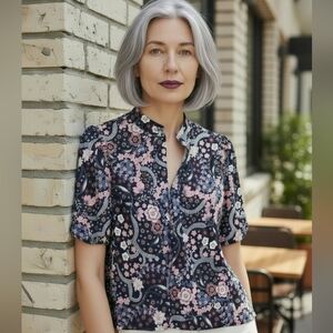 Ann Taylor Japanese Floral Top Sz M/P Blue/Pink Bell 3Q Sleeve Boho Vibrant Chic